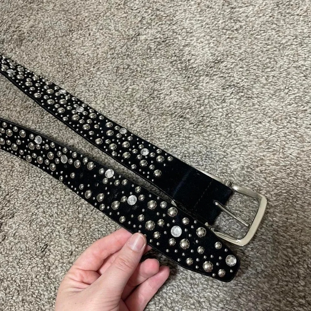 Black leather belt with silver studs and faux diamonds